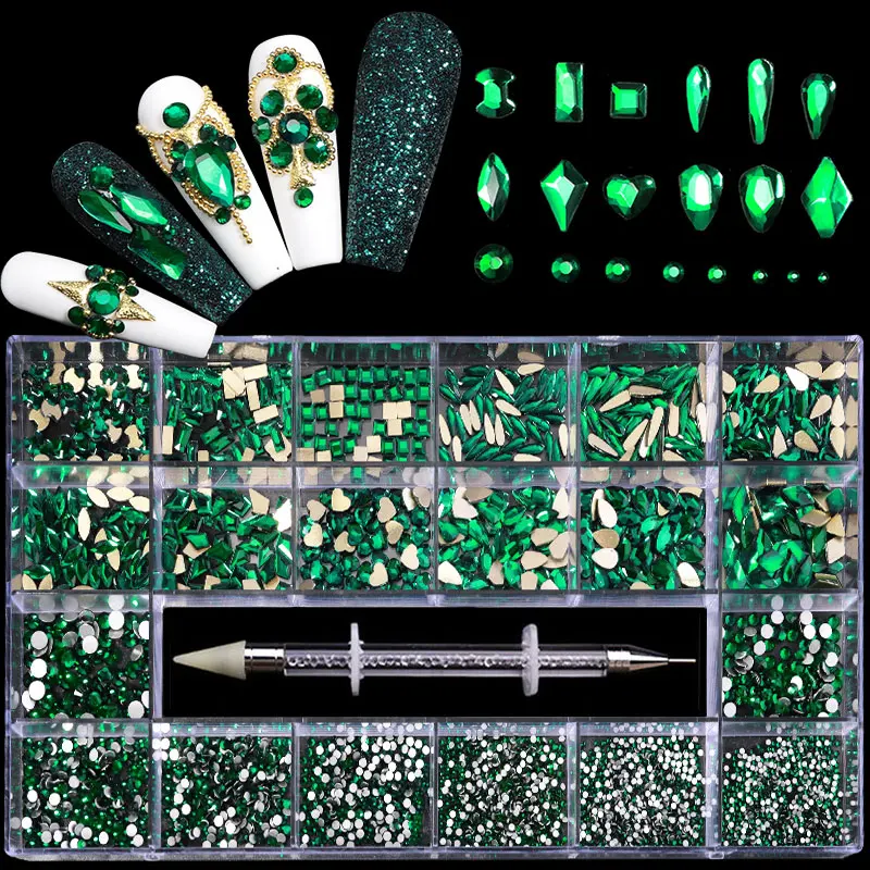 Misscheering 21 Grid Green Nail Rhinestones for DIY Manicure 2021 Fashion Multi-Size Glass Nails Accessories Art Decoration | Красота и