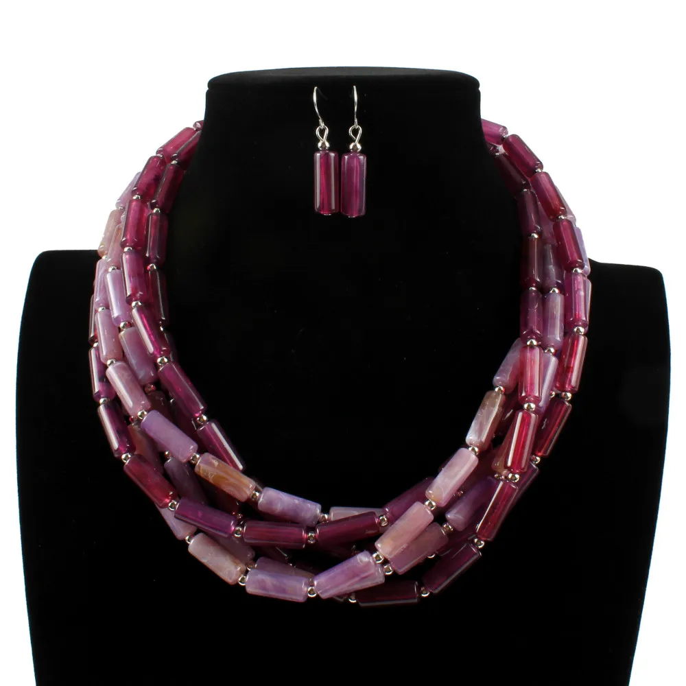 Fashion New Multilayer Cylindrical Resin Choker Necklace Earrings for Women Ethnic Bohemian Boho African Beads Jewelry Sets