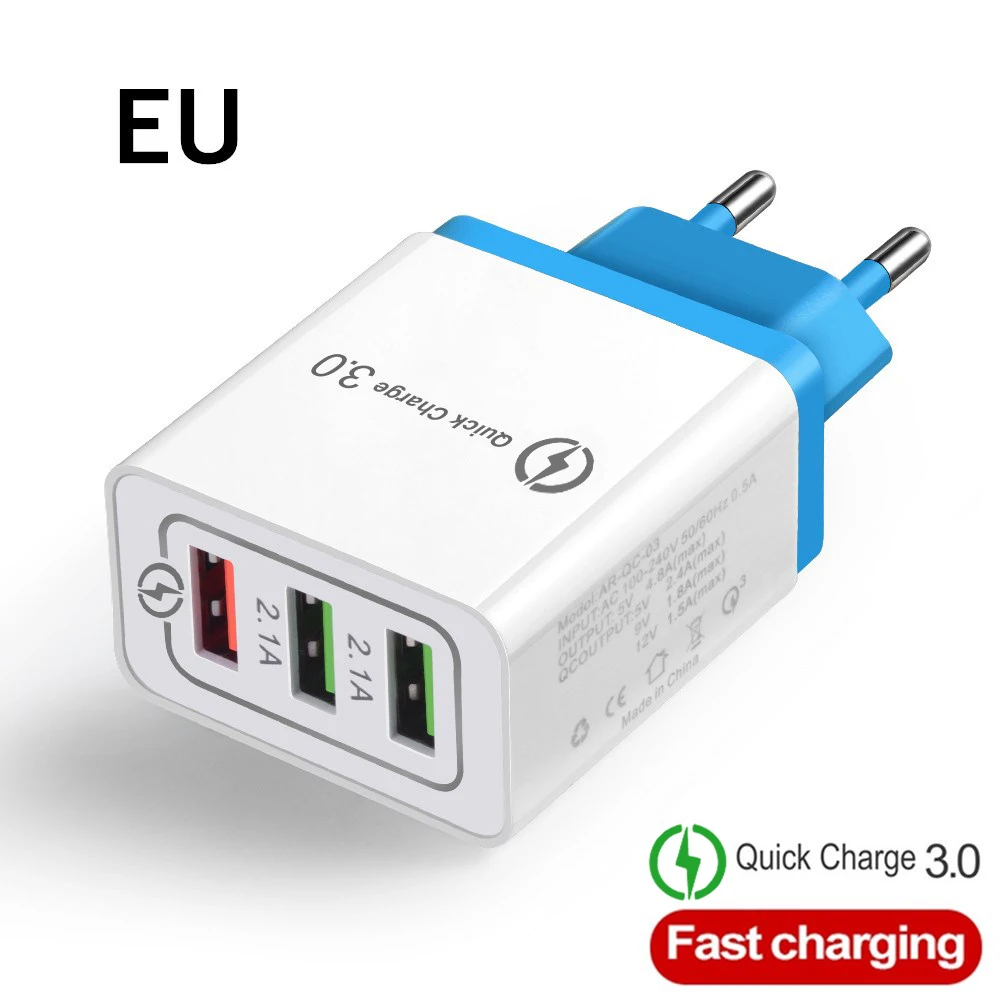 Высокое качество 5 В/3 А USB зарядное устройство Quick Charge 3,0 3 порта EU/US зарядное устройство для мобильных телефонов/настенное зарядное устройство s для iphone Xiaomi samsung huawei - Тип штекера: EU  Blue