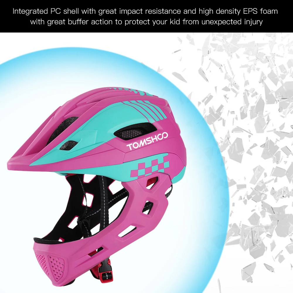 TOMSHOO Kind Fahrrad Volle Gesicht Helm Kinder Sicherheit Reiten Skateboard  Helm Sport Kopfschutz mit Schwanz Licht und Abnehmbare Kinn