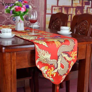 

New Chinese Style Dragon Cloud Embroidery Table Runner Classical Yellow Table Flag Decoration for Wedding Party with Tassels