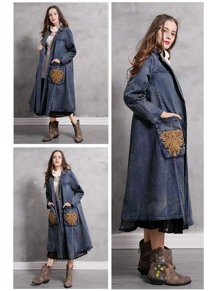 LZJN Denim Jacket Coat Ladies Long Retro Vintage Overcoat Outwear Vintage Embroidered Large Pocket Loose Female Coat Long