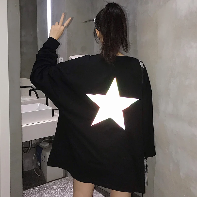 Женские футболки, топы, японские Kawaii, для девушек, Ulzzang, с принтом, светоотражающие, с длинным рукавом, футболка, женская, Harajuku, одежда для женщин