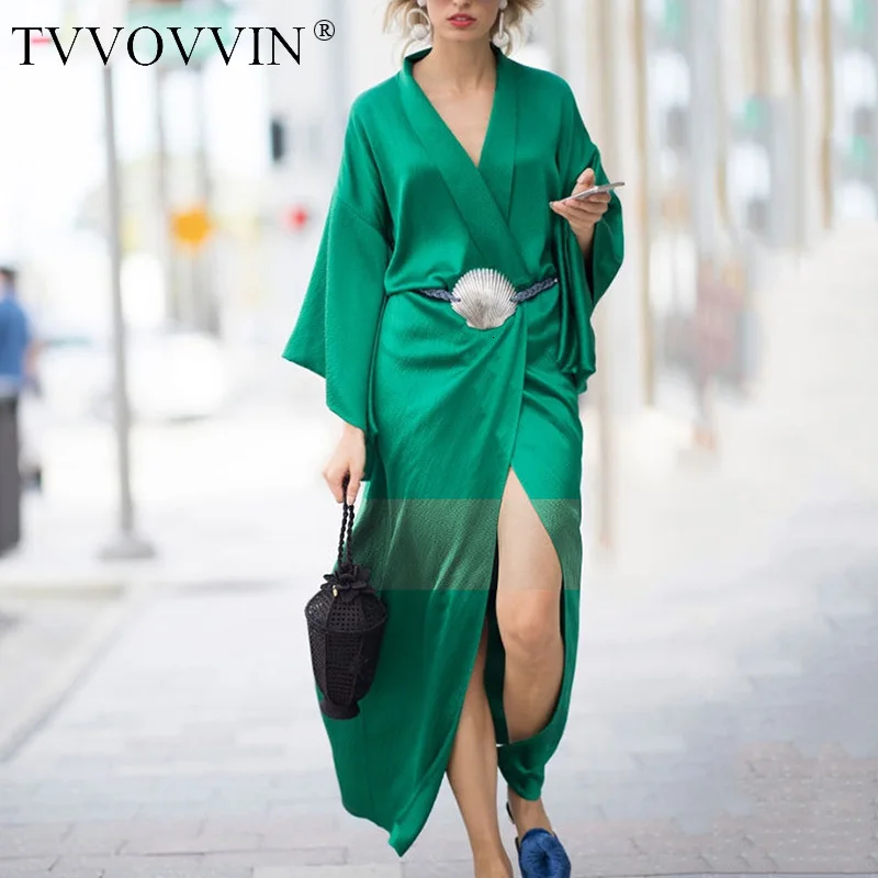 TVVOVVIN, женский зеленый длинный Тренч с резинкой на талии, новинка, с отворотом, длинный рукав, свободный крой, ветровка, модная, Осень-зима, F953