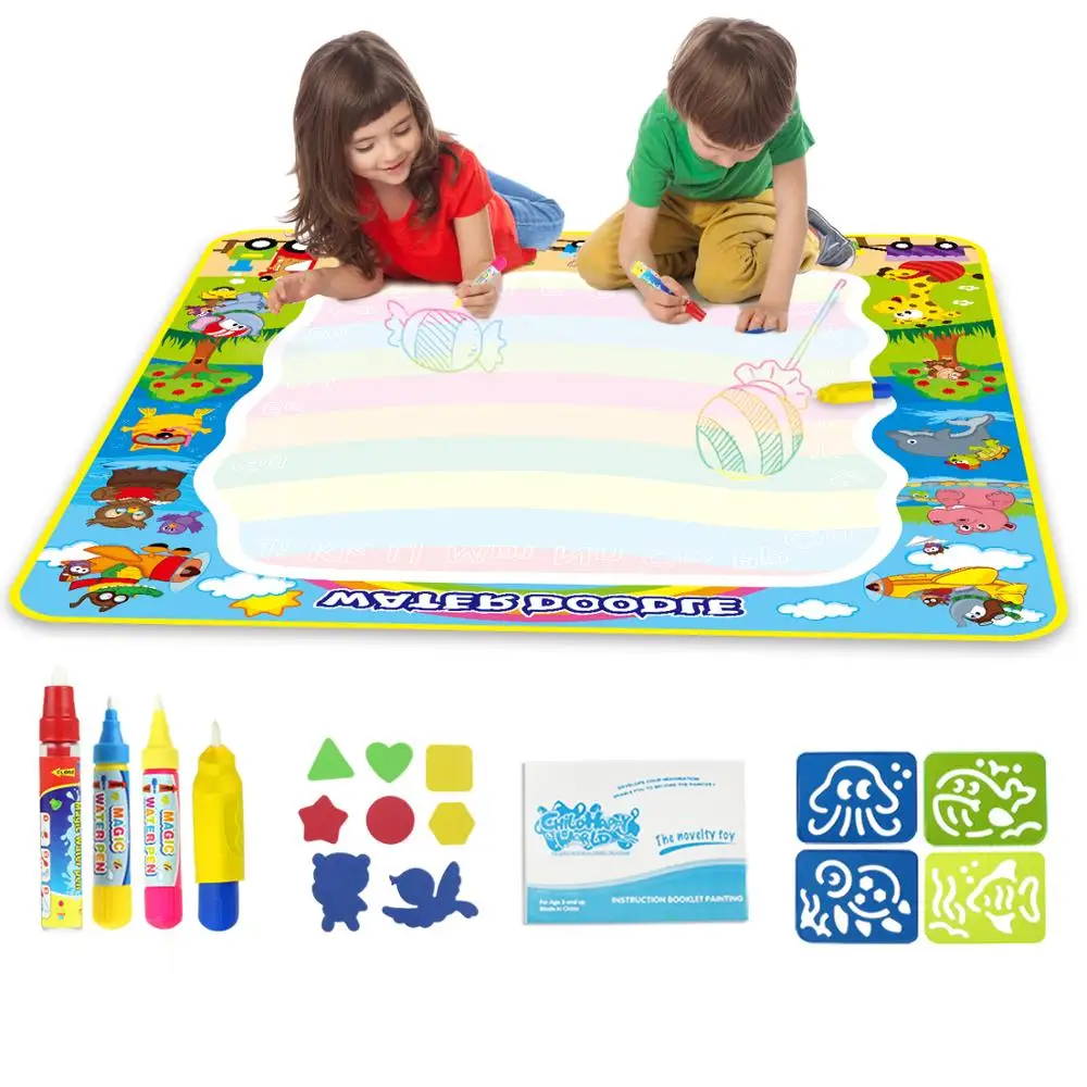 

100x100cm Cute Magic Water Drawing Coloring Doodle Mat with 3 Magic Pens & Stamps Painting Drawing Board Kid Toys Birthday Gift