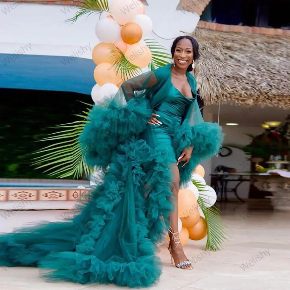 Hot Tiered Ruffle Maternity Tulle Dresses Women Puffy Long Robes Formal Evening Party Robes Photo Shoot Ball Gown Robe De Soiree