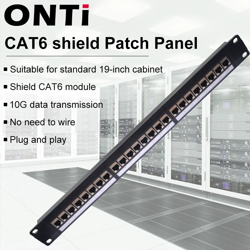 

ONTi 19in 1U Rack 24 Port CAT6 Shielded Patch Panel RJ45 Network Cable Adapter Keystone Jack Ethernet Distribution Frame