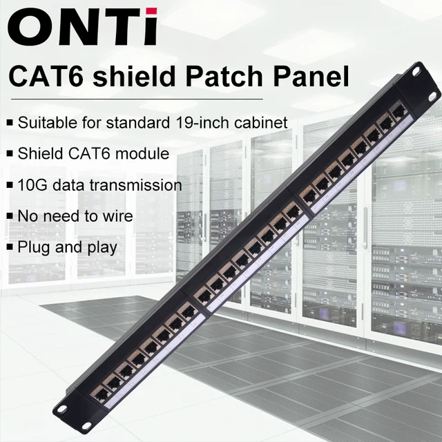 ONTi 19in 1U Rack 24 Port CAT6 Shielded Patch Panel RJ45 Network Cable Adapter Keystone Jack Ethernet Distribution Frame