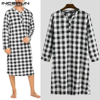 

INCERUN Man Button Loose Breathable Sleepwear Male Causal Long Bathrobes Men Sleep Robes Long Sleeve V Neck Plaid Nightgowns 5XL