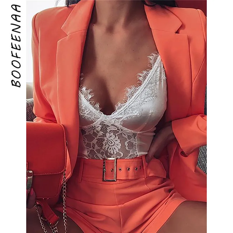 

BOOFEENAA Elegant Two Piece Set Women Office Suits Business Casual Blazer and Short Pants Matching Sets Fall 2019 C83-AI53