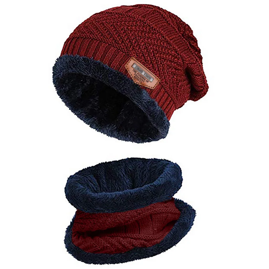 Мужская теплая шапка Skullies+ мягкий шарф, комплект из двух предметов, зимняя утолщенная шапка, Мужская ветрозащитная вязаная шапка, грелка для шеи# T5P