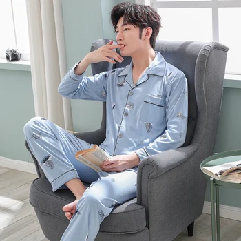 

Men Sleepwear Long Sleeve Pants Homewear Cardigan Lapel Small Leaves Pattern Casual Cotton Men Pajamas Christmas Pijamas Men