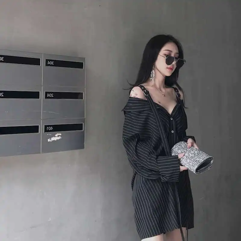 SHENGPALAE New Summer Spring Tops Slash Neck Long Sleeve Black Personality Striped Korean Fashion Women Shirt Loose FL425