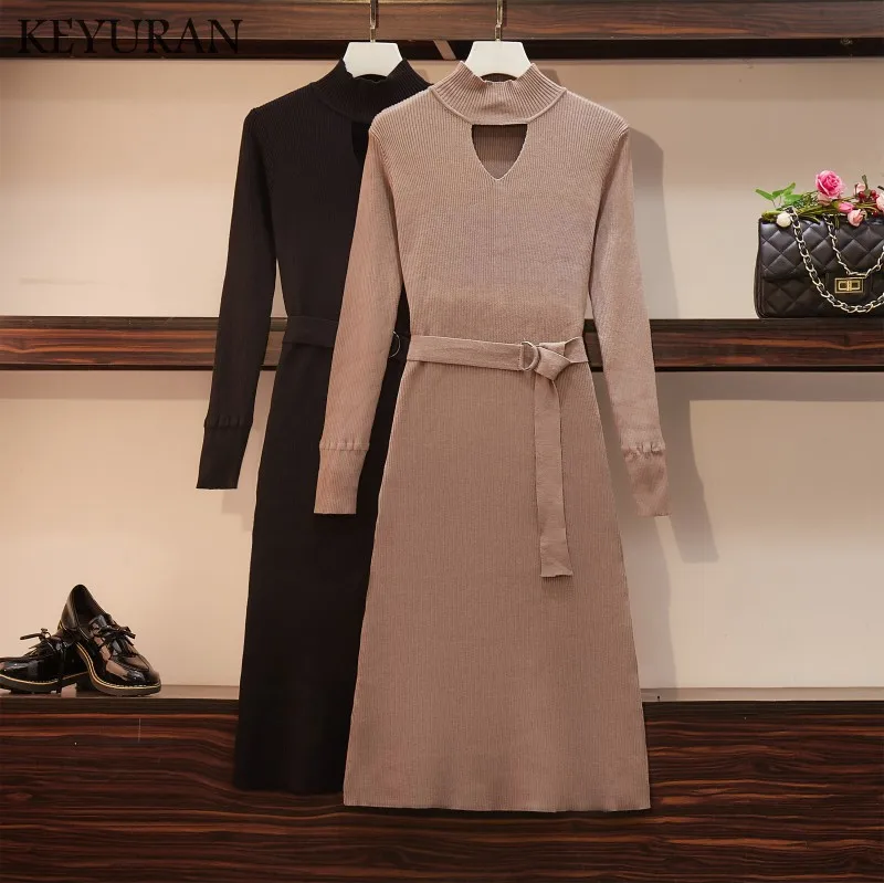 

Plus size 4XL Thick Warm Women Winter Long Slim Rib Knitted Dress Autumn Mid-Calf Femme Sweater Dresses vestidos bodycon dress