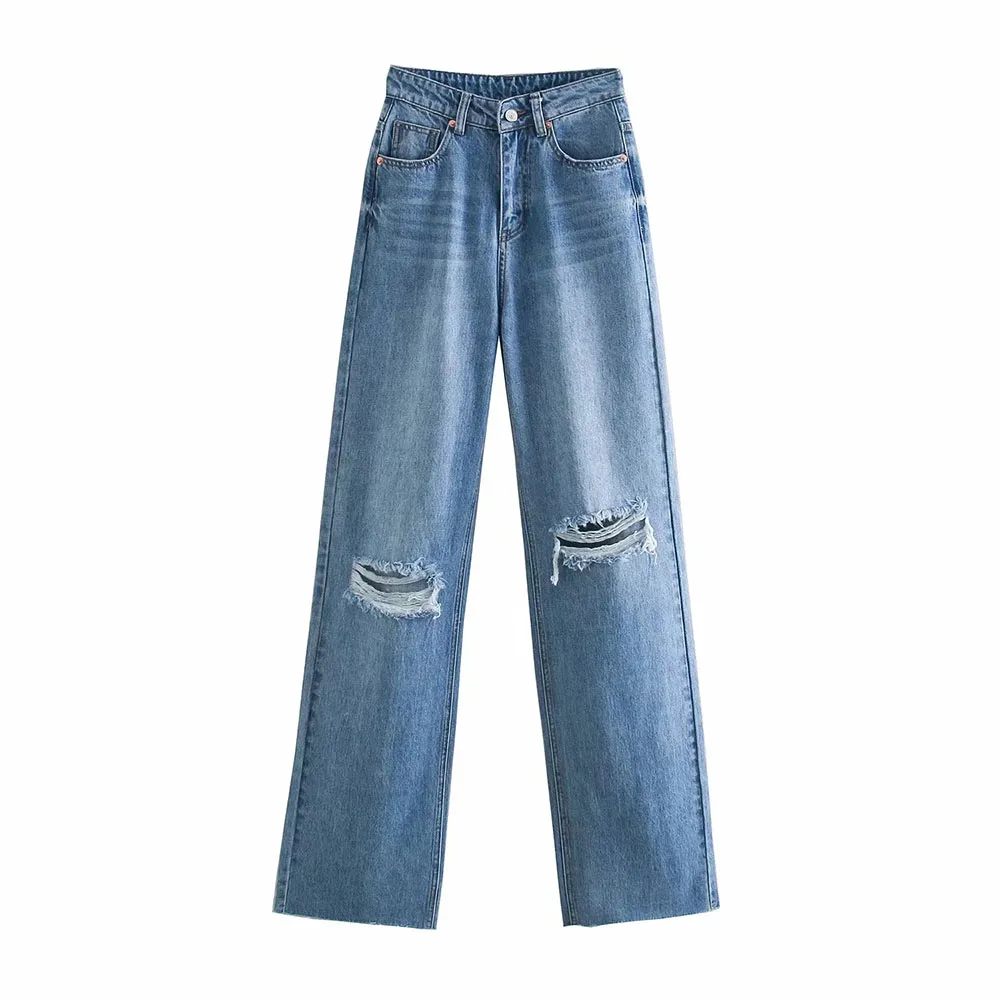 BBWM-ropa vaquera de cintura alta para mujer, ropa vaquera azul, ropa de calle Vintage, Pantalones rectos Harajuku con agujeros, 2021