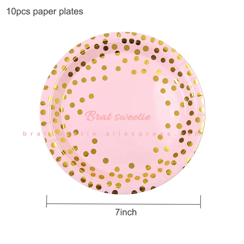 pinkdot 7in plate Розовые Золотые Фольга точки вечерние принадлежности розовые одноразовые бумажные тарелки салфетки чашки, ребенок, душ Свадебные девушки посуда для вечеринки в честь Дня Рождения - Color: pinkdot 7in plate
