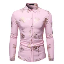 Gold Paint Shiny Dress Shirt Mens Slim Fitted Business Work Shirt Flower Rose Print Smart Shirt Button Up Glitter Tops Plus Size