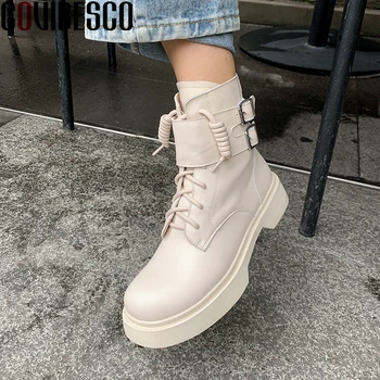 

COVIBESCO Casual Women Ankle Boots Martin Boots Autumn Winter New Zip Shoes Woman Genuine Leather Platforms Lace-Up Buckle Boots