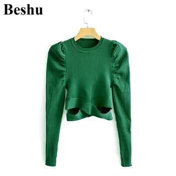 

Fashion za sweater women elegant o-neck puff sleeve solid green female knitted pullover chic autumn retro 2019