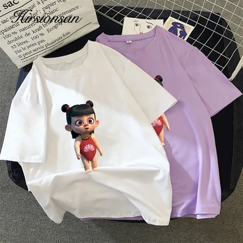 

Hirsionsan T Shirt Casual Short-sleeve Tees Summer Cartoon Printed Women Streetwear Basic Pullover Clothes Oversized Jumper Tops