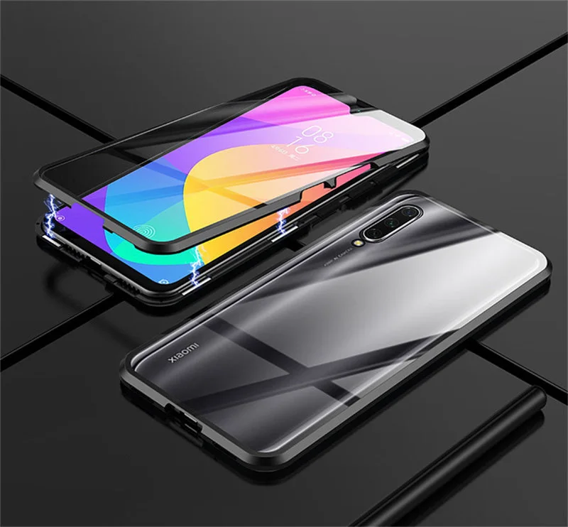 Магнитный металлический бампер чехол для Xiaomi mi 9 lite закаленное стекло Передняя Задняя крышка для Xiaomi mi 9 mi 9 se mi 9t pro Чехол - Цвет: black