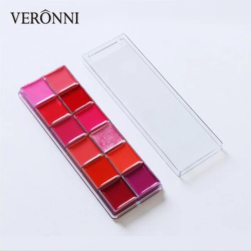 Lipgloss Palette VERONNI набор блеск для губ увлажняющий 12 цветов Блестящий замороженный блеск для губ водостойкая губная помада кремовая Палитра с кисточками наборы - Color: Lipgloss Palette