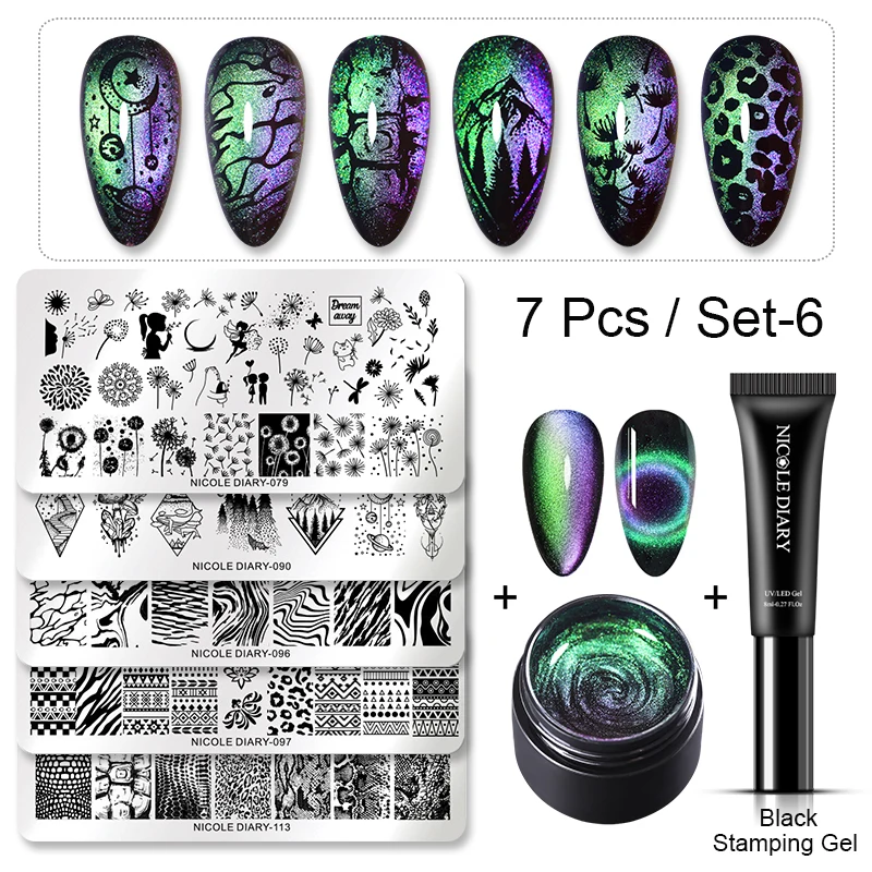 set6(7pcs) NICOLE DIARY 9D кошачий глаз магнитное тиснение УФ гель лак для ногтей Гель-лак Сияющий лазер замочить от дизайна ногтей штамп пластины Гель-лак - Цвет: set6(7pcs)