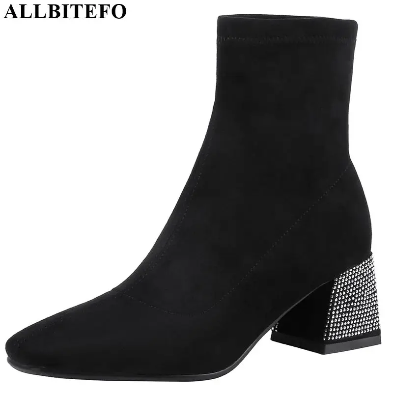 

ALLBITEFO natural genuine leather Pure color women boots Autumn Winter Square toe ankle boots simple style fashion girls boots