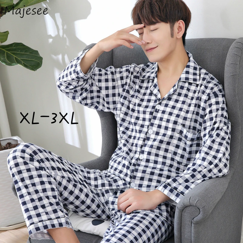 plus size pajama pants Men Pajama Sets Large Size 3XL Plaid Long Sleeve Turn-down Collar Pockets Male Sleepwear Lounge Japanese Style Simple Harajuku mens designer pjs
