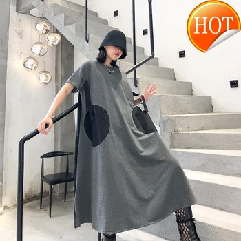 

Dot Pinrted Women Back Pleated Big Size Dress New Round Neck Short Sleeve Loose Fit Fashion Tide Spring Summer 2020