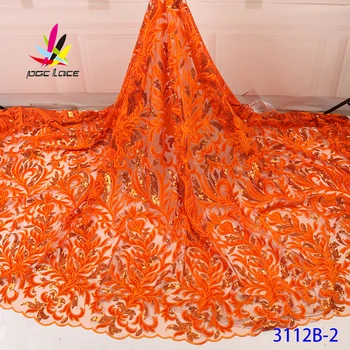 

Velvet African Embroidery Net Lace Orange Sequins Sequence Embroidery Flower Elegant French African Nigerian Design Latest