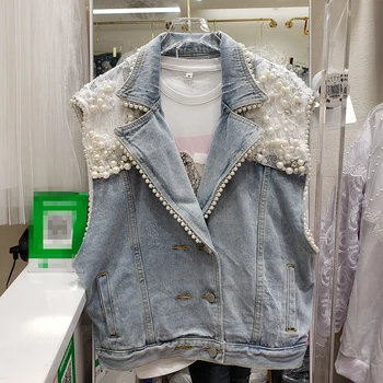 

2020 Spring Summer New Denim Waistcoat Heavy Industry Handmade Beaded Flower Light Color Loose Jeans Vest Cropped Jacket Women