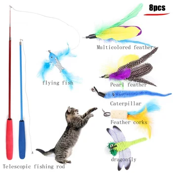 

8Pcs Pet Cat Toy Teaser Bell Feather Stretch Fishing Rod Play Wand Interactive Toys Pets Accessories Replacement Heads Set