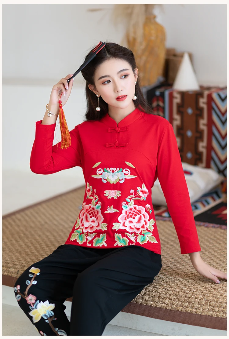 KYQIAO blusa feminina Женский Осенний Традиционный китайский стиль воротник стойка зеленый черный красный цветочный Вышивка блузка рубашка