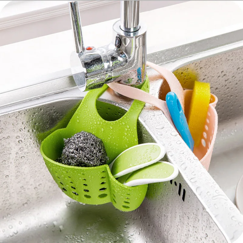 

Home Eco-friendly Kitchen Sink Sponge Storage Hanging Basket Adjustable Snap Button Type Drain Rack Faucet Storage Baskets