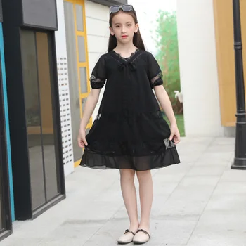 

Elegant Girls Chiffon Dress New Summer Children clothes Teenage Girl Black Short sleeve Princess Dresses Kids Clothing 5-16Years