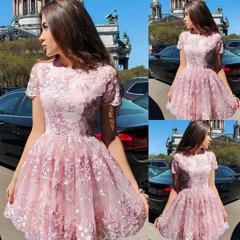 Пыльно-розовые короткие платья для выпускного вечера с короткими рукавами, короткое платье трапециевидной формы для выпускного вечера, вечерние платья для девочек Vestidos