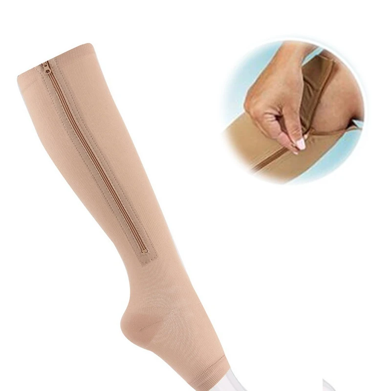

Large size Medical Compression Open Toe stockings Zippered Knee-High Nude Hottest Varicose Veins Stockings for Women L XL