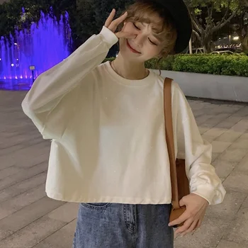 

Women Simple Autumn Warm Long Sleeve Cute Solid Color Casual Loose Round Collar Short Hoodies Hot