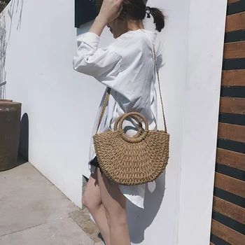 

Handmade Straw Round Handle Totes Women Shoulder Bags Ladies Knitting Straw Summer Beach Messenger Bags Bohemian Female Handbags