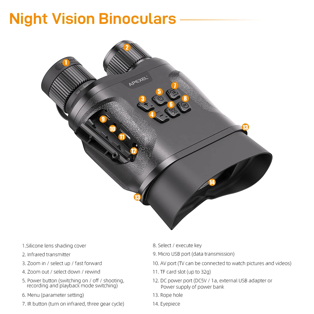 APEXEL IR Night Vision Binoculars Day & Night Vision Telescope Zoom Optics Hunting Binoculars With 2.3' Screen Video Recording
