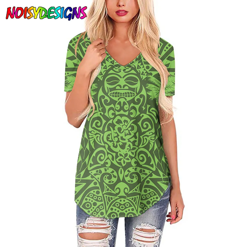 

NOISYDESIGNS Oversized Women Tshirt Polynesian Tattoo Printing T-shirt Harajuku 2021 Summer Short Sleeve V-neck Top Camisetas