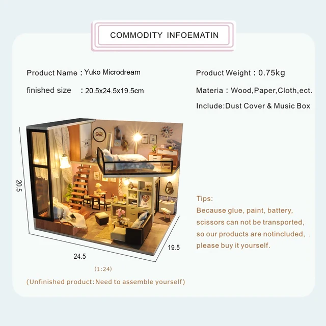 Cutebee DIY DollHouse Kit Wooden Doll Houses Miniature Dollhouse Furniture Kit with LED Toys for Children Christmas Gift TD16 2