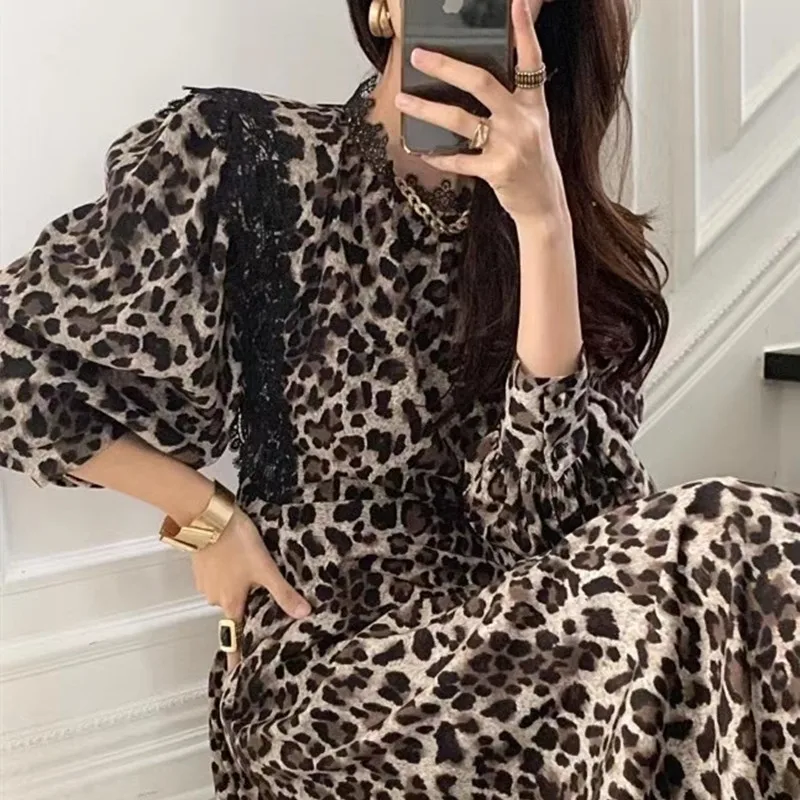 HziriP Hot 2021 Autumn Women A-Line Dress Leopard Print Spliced Lace Gentle Chic Fashion Casual Minimalist All-Match New Thin | Женская