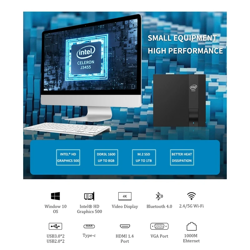 Мини ПК DIY M5 Intel Celeron J3455 Windows 10 DDR3L 4G+ 128G M.2 SSD USB3.0 4K HDMI VGA Gigabit Ehternt 5G wifi