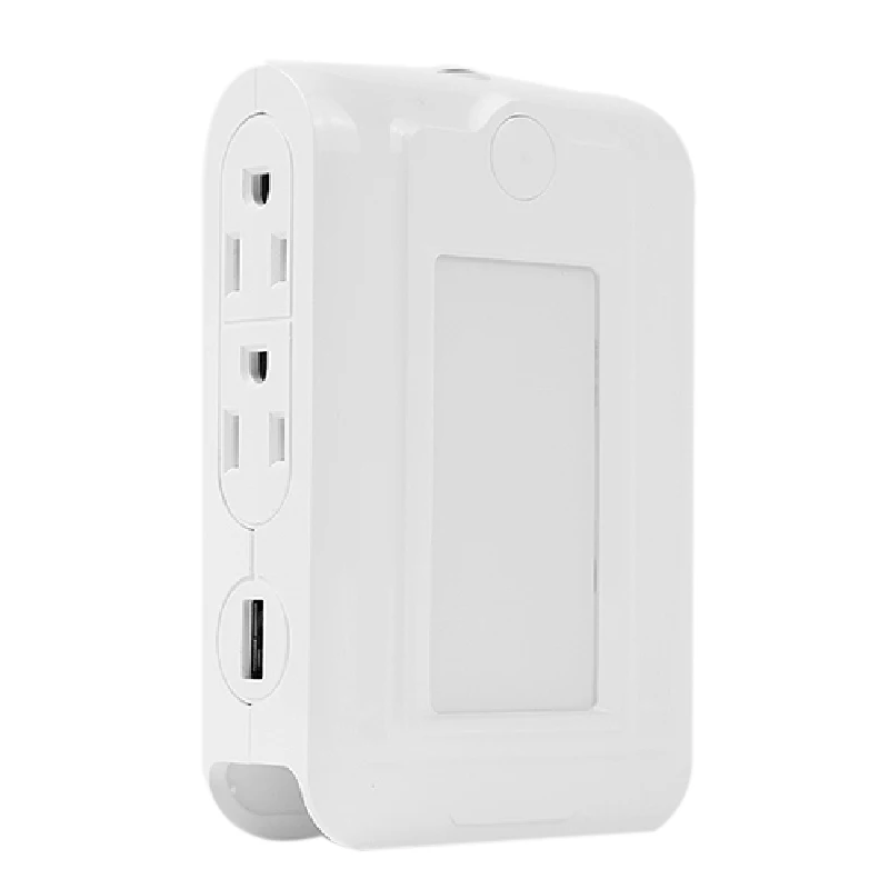 Wall Mount Charger, 2 USB Ports& 4 AC Outlets Charging Station, Dusk to Dawn LED Night Light, Surge-Protected Power Socket Exte