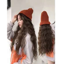 Оранжевая шерстяная шляпа парик одна женская осенняя и зимняя мода длинные кудрявые волосы волнистые Полный головной убор кукурузная Горячая шляпа набор париков b Дамская шапка