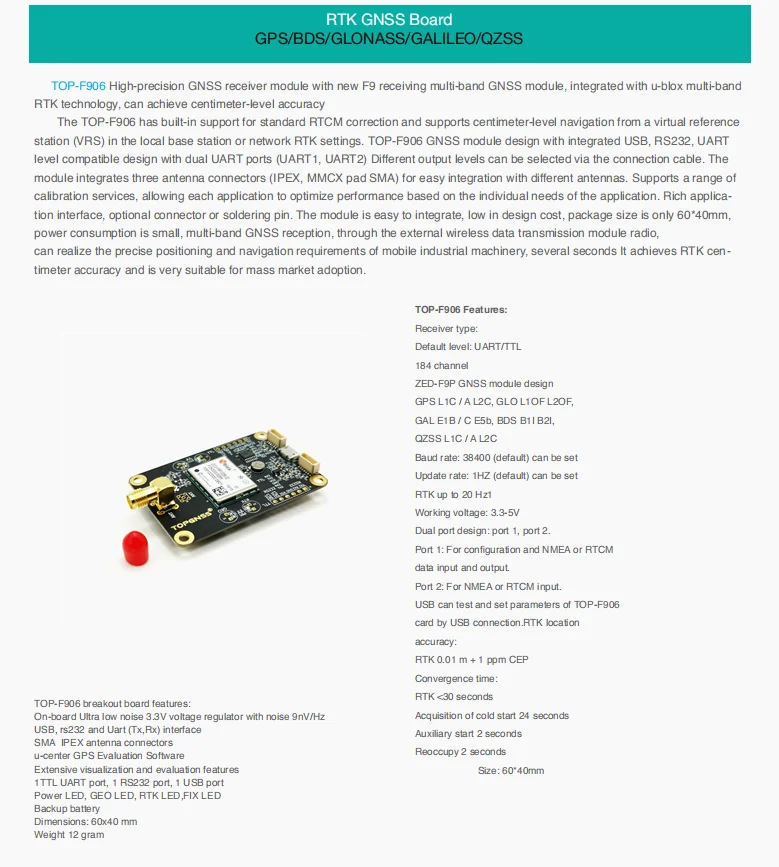 5V ttl UART TOP906 RTK GNSS модули антенный приемник Высокоточный модуль+ высокоточная антенна zed-f9p