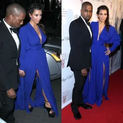 Deep V Neck Long Sleeves Royal Blue Evening  Side Slit Floor Length Red Carpet Celebrity Dresses Elegant Prom Gown 2022