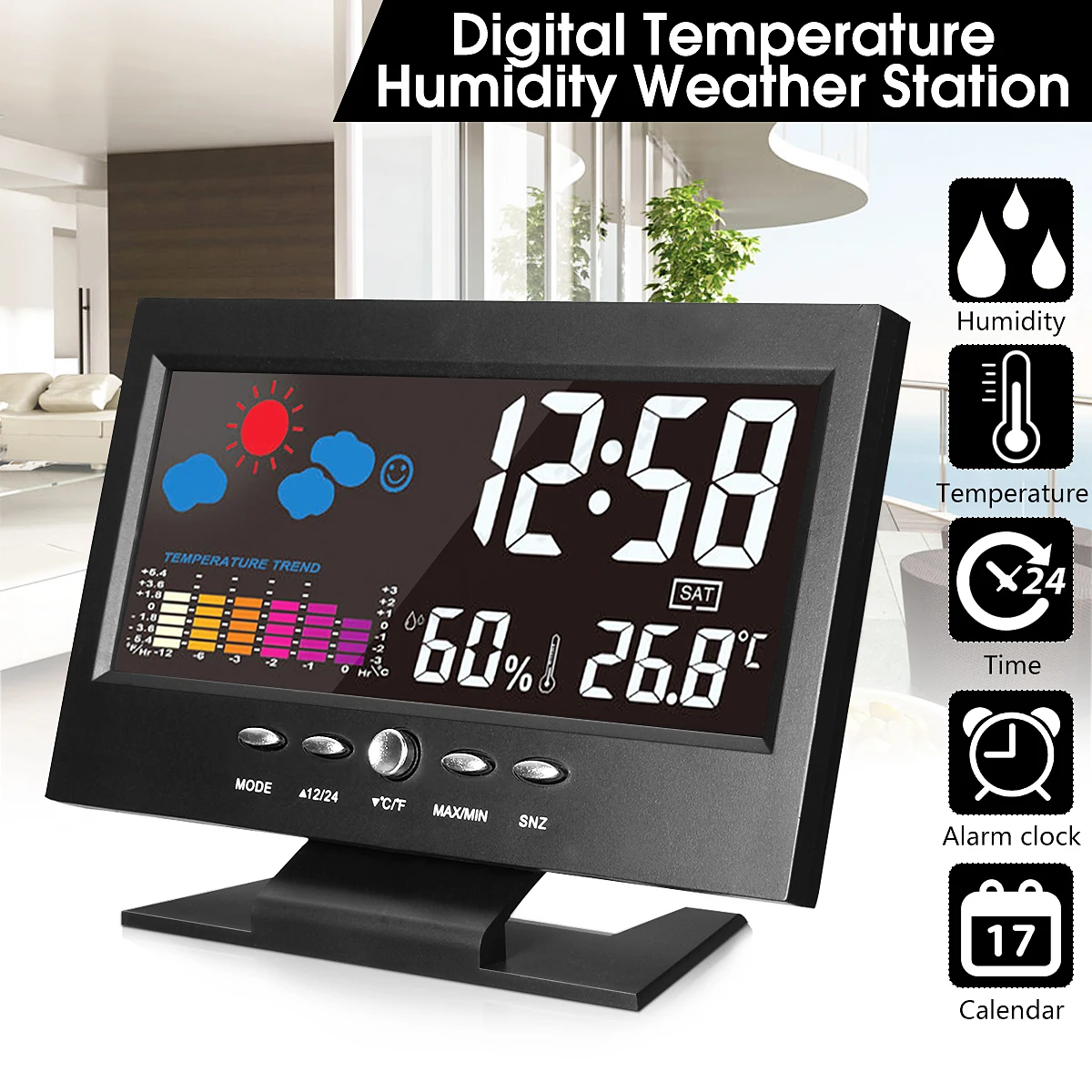  Weather Station Car Thermometer LCD Color Screen Indoor Temperature Humidity Calendar wiith UBS Cab